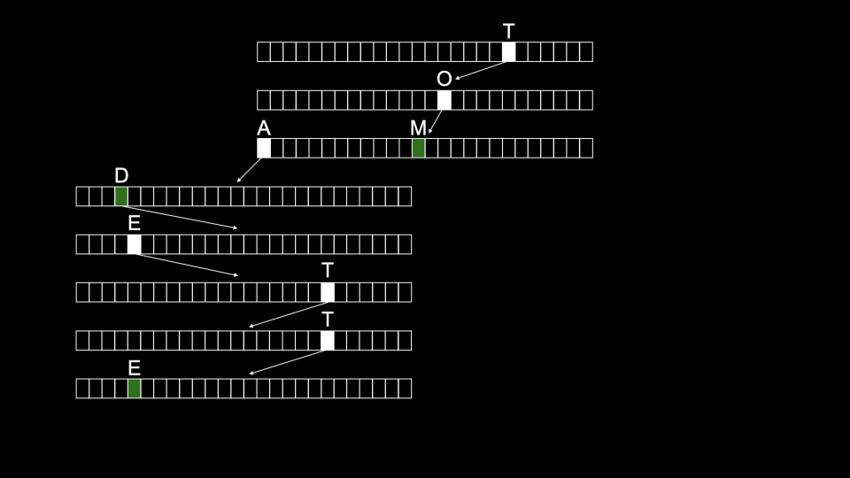 toad being spelled with one letter at a time where one letter is associated with one list T from one list O from another and so on and tom being spelled similarly where toad and tom share two common letters T and O